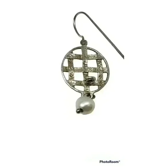 Vintage Pearl Earrings Sterling Silver Basket Weave Genuine Drop Dream Catcher - Picture 5 of 7